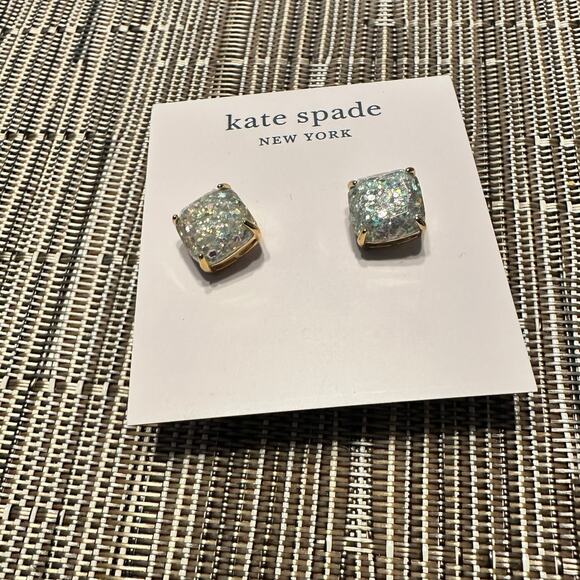 Kate Spade Glitter Stud Earring Mini Square Silver Opal Designer Jewelry Studs - Picture 4 of 13